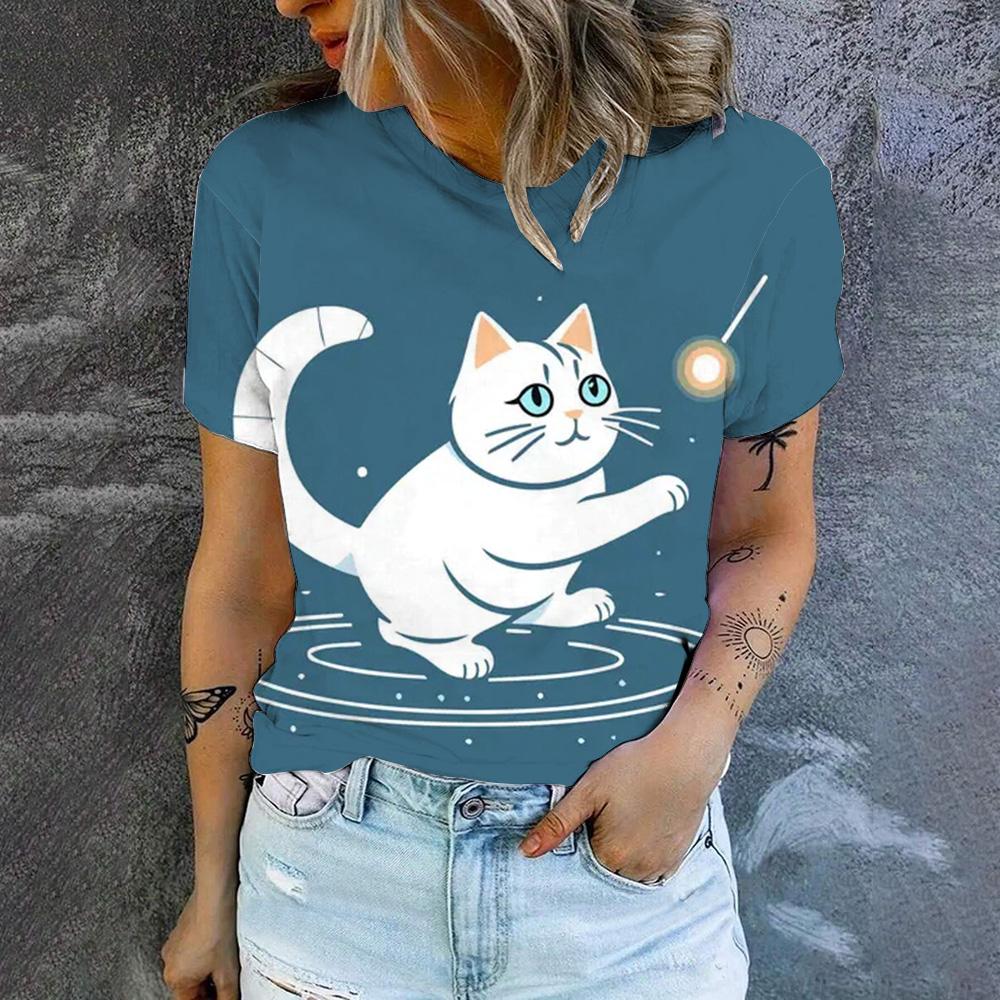Women's High Quality T-shirt Cartoon Cat Pattern Print T-shirt Fashion Print T-shirt Elegant Women's Short Sleeved T-shirt
