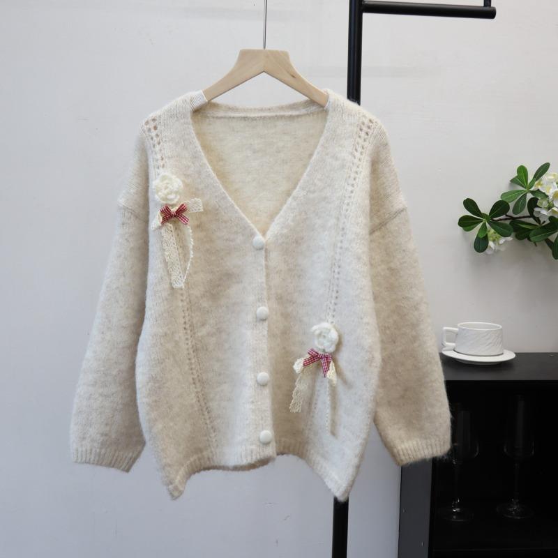 Gentle Wind Knitted Cardigan Autumn and Winter New Design Bow Flower Loose Sweater Jacket Women