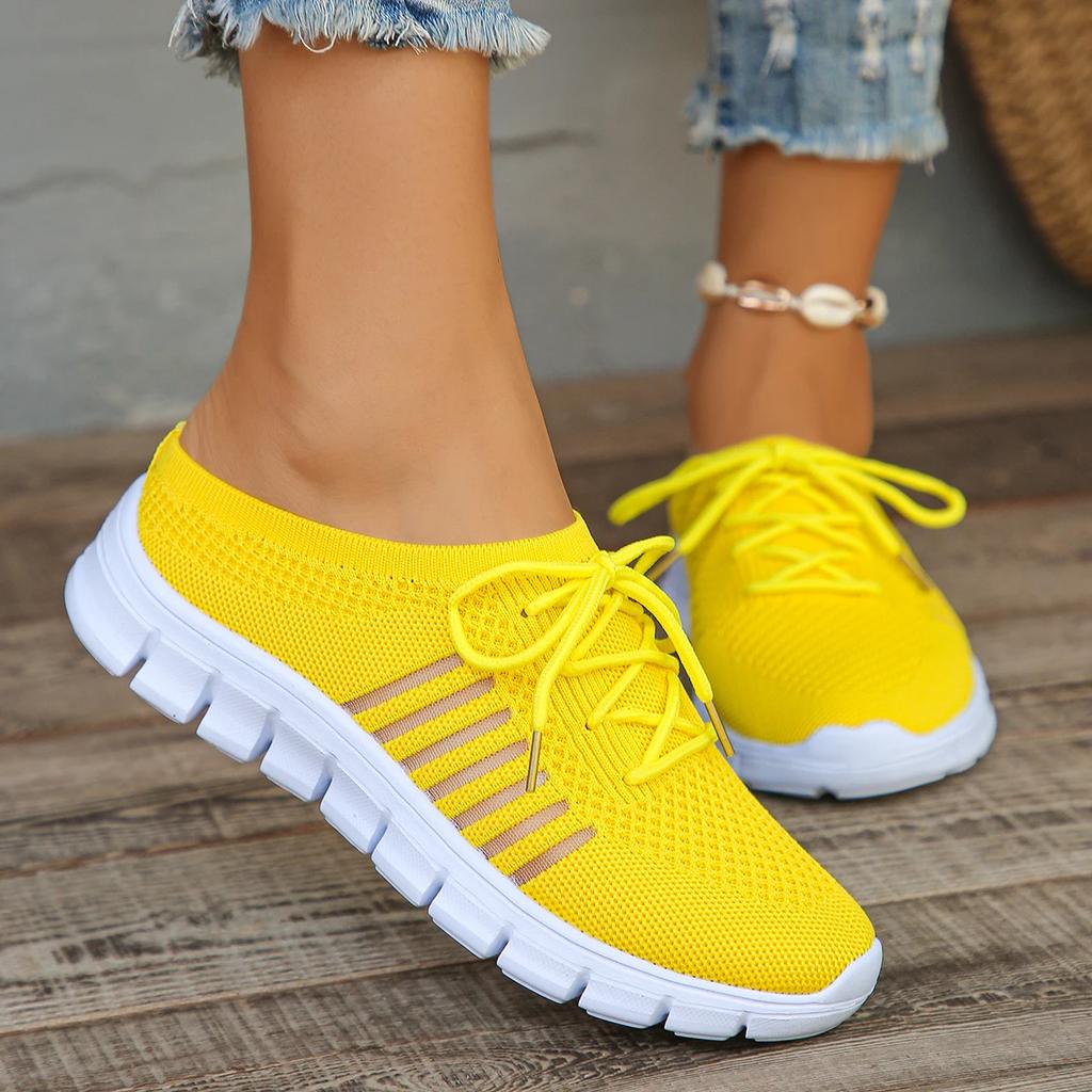Summer Breathable Mesh Slippers for Women  Lightweight Slip On Walking Shoes Woman Yellow Flat Bottom Non Slip Half Slippers
