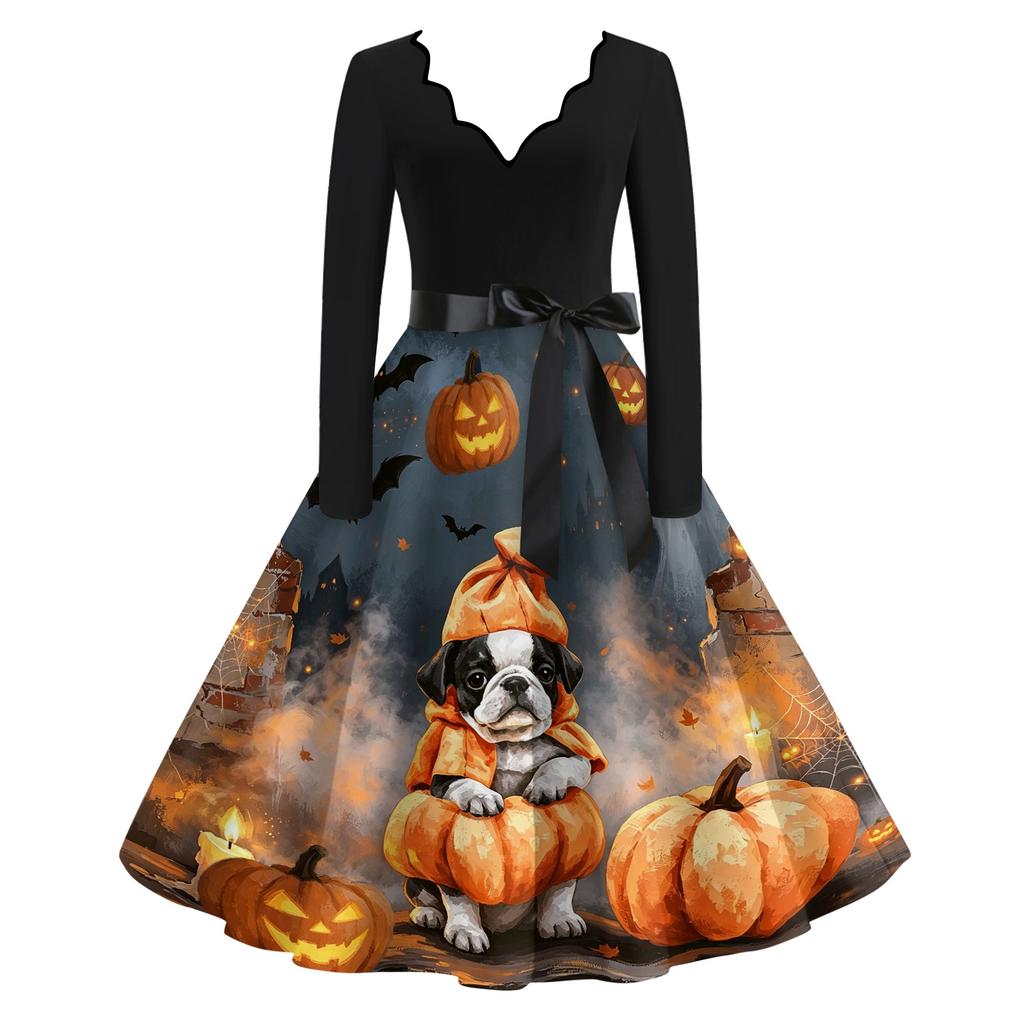 Women's Casual V-Neck Long Sleeve Halloween Print Retro Dress