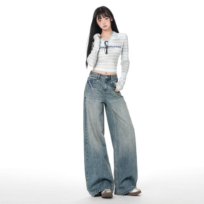 Smart yuppie | Retro American street wide-leg jeans Spice girl straight mopping pants women's trousers lengthened Yichun
