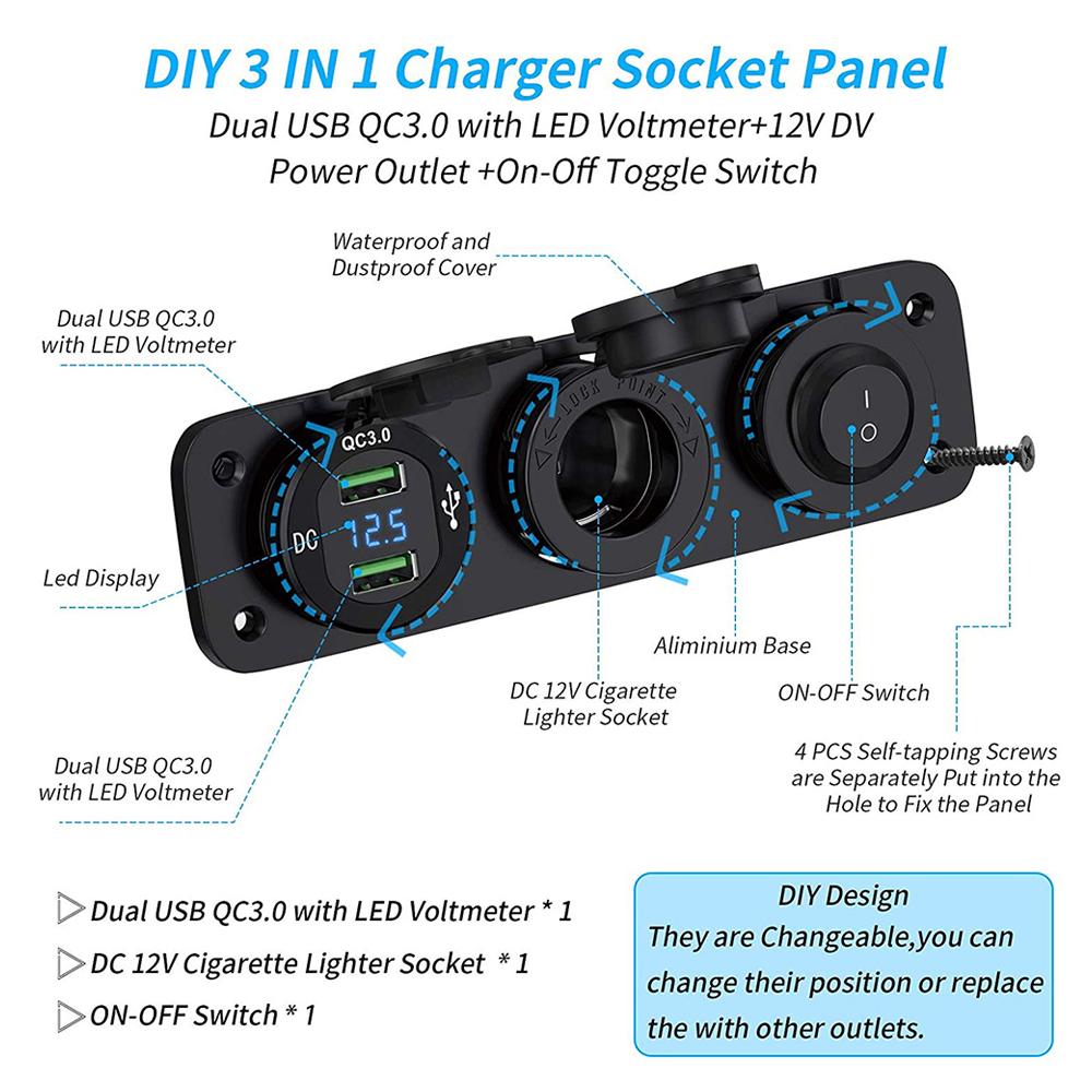 12V Cigarette Lighter Socket 3 in 1 Waterproof Car Dual QC3.0 USB Outlet Panel for RV Marine Boat Power Socket Charger Socket