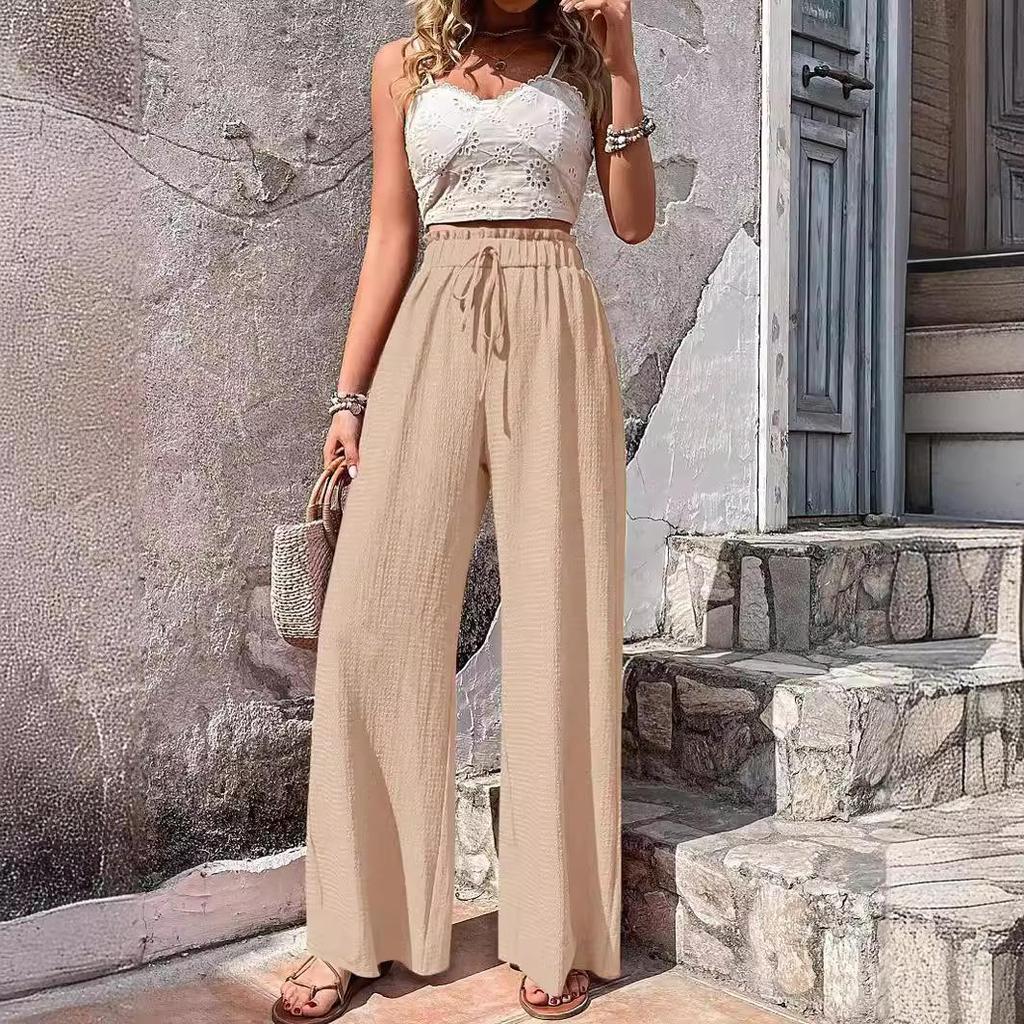 Pantaloni Larghi a Vita Alta Elastica da Donna Estivi Casual da Spiaggia Femminili Pantaloni Lunghi Ampi