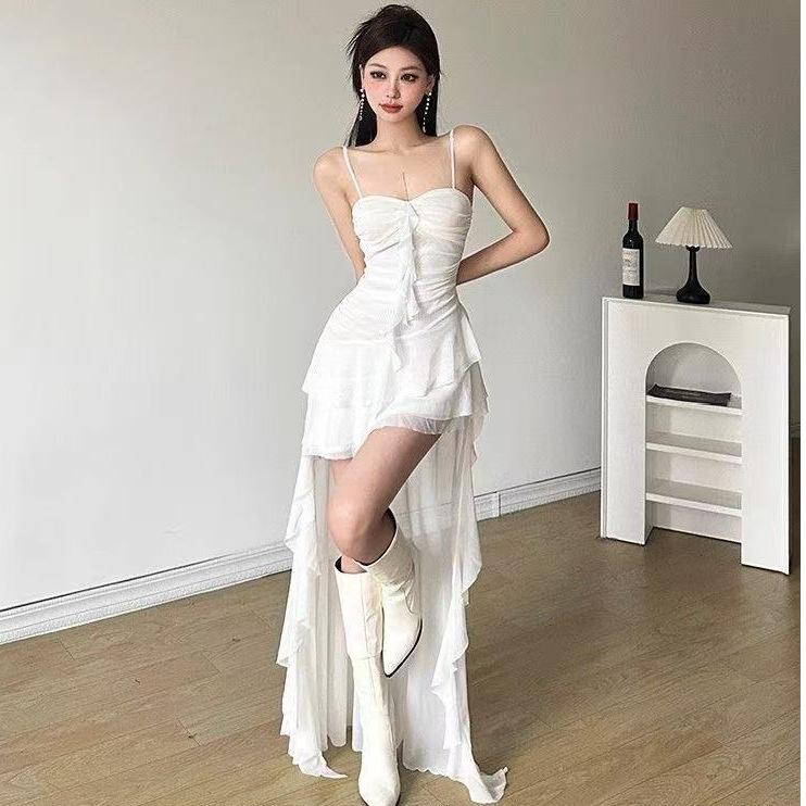 French Beautiful White Suspender Dress Women's Summer Slim Waist Trailing Skirt Gentle and Thin Super Fairy Dress