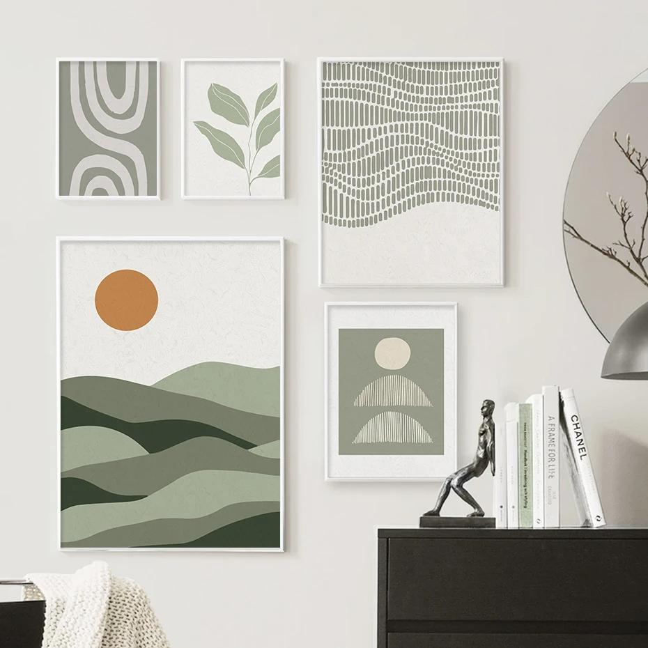 Abstract Line Landscape Leaves Green Posters Canvas Painting Wall Art Print Pictures for Bedroom Living Room Interior Home Decor