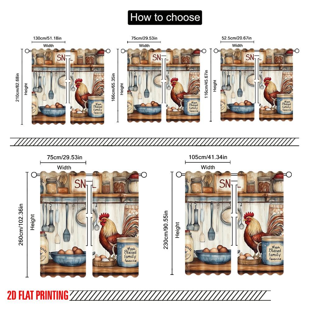 2pcs  2D Plane Printing Curtains&Window Treatment Rustic Kitchen Rooster Polyester Easy Install (without Rod) Versatile All Use