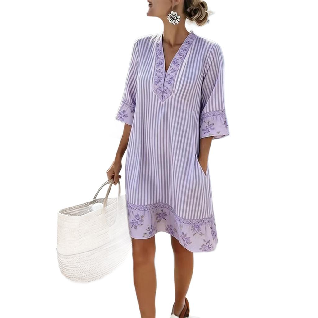 Summer new European and American style V-neck striped loose beach dress casual short sleeve sun protection seaside vacation