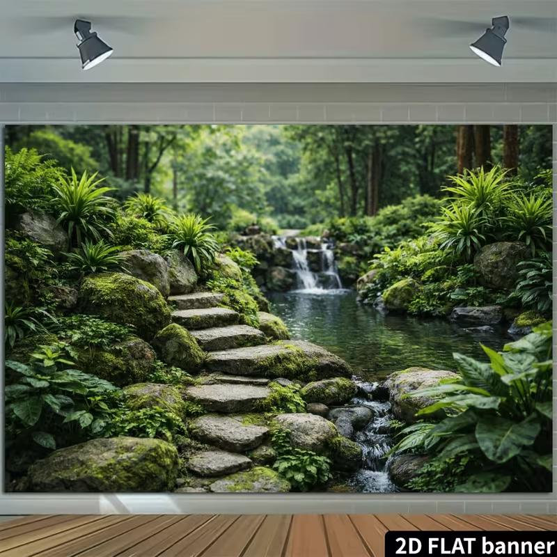 2D Japanese Garden Banner, Stone Steps & Waterfall Backdrop for Decor & Studio