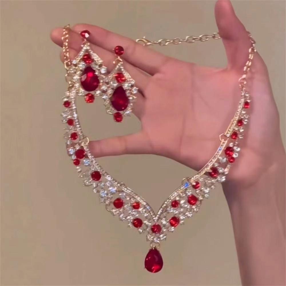 Baroque Style Bridal Jewelry Set Rhinestone Pearl Necklace Water Drop Necklace Earring Set  Girls