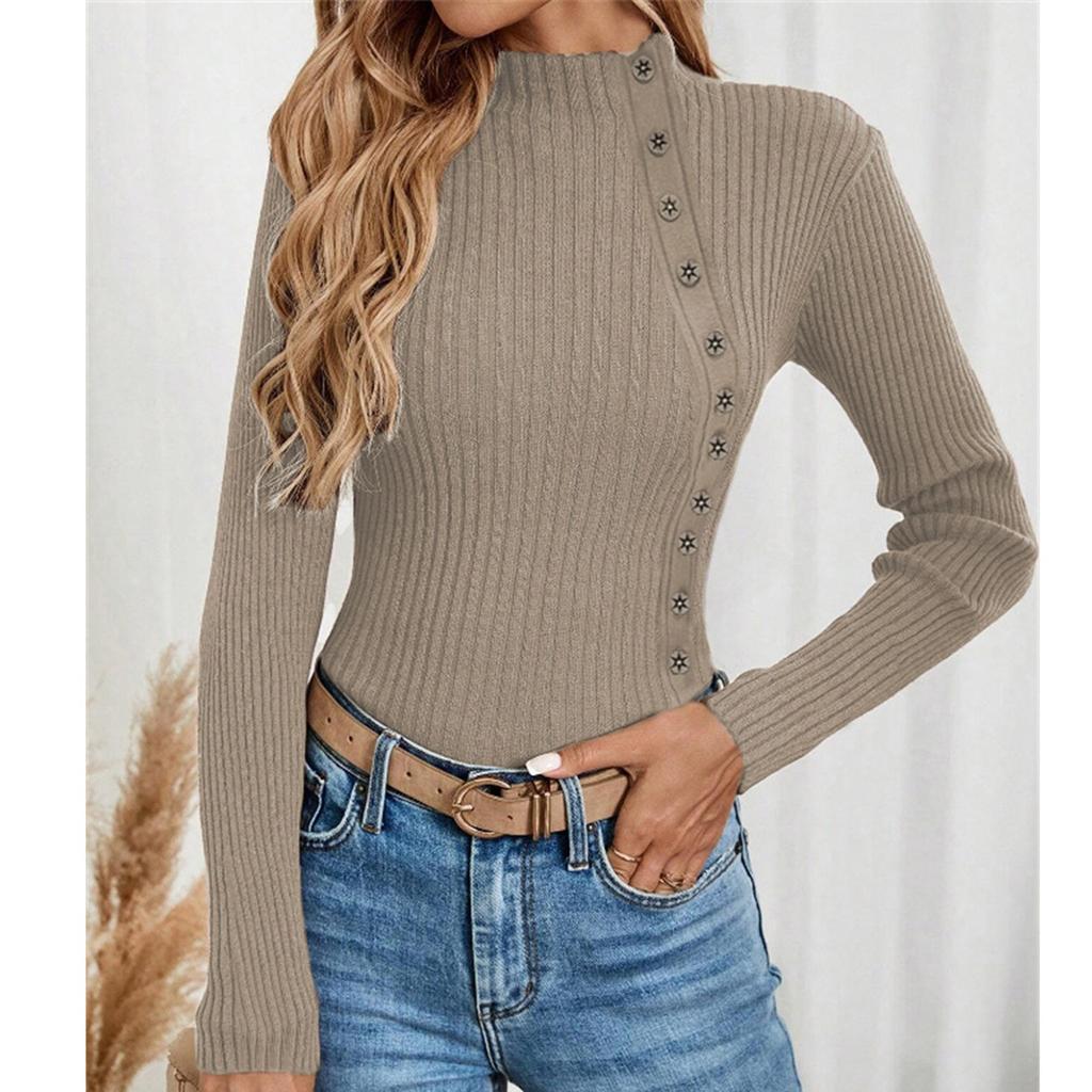 Dame Casual Ensfarget Slim Fit Strikket Genser Langermet Basisgenser Genser