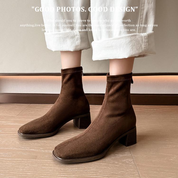 Yangjing Velvet~ Grape Mom Same Korean Classic Temperament Square Head Back Zipper Ankle Boots Thick Heel Skinny Short Boots Women's Autumn