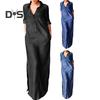 Fall Spring Women Dress Solid Color Loose Denim Turn Down Collar Long Sleeve Ankle Length Button Split Hem Plus Size Bohemian Commute Maxi Dress
