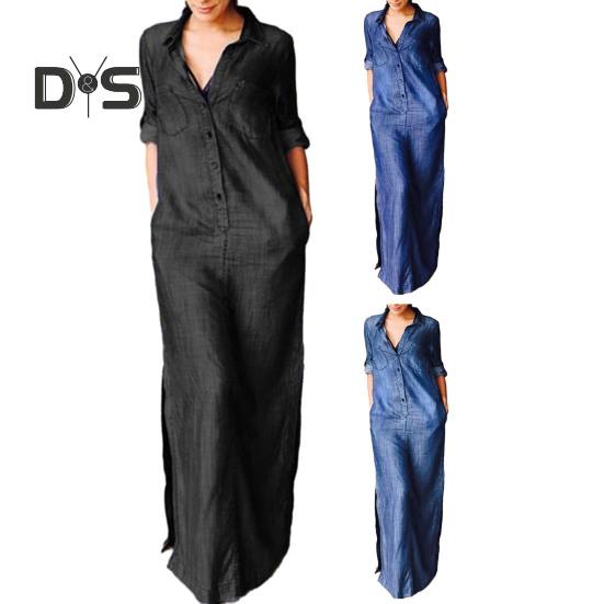 Fall Spring Women Dress Solid Color Loose Denim Turn Down Collar Long Sleeve Ankle Length Button Split Hem Plus Size Bohemian Commute Maxi Dress