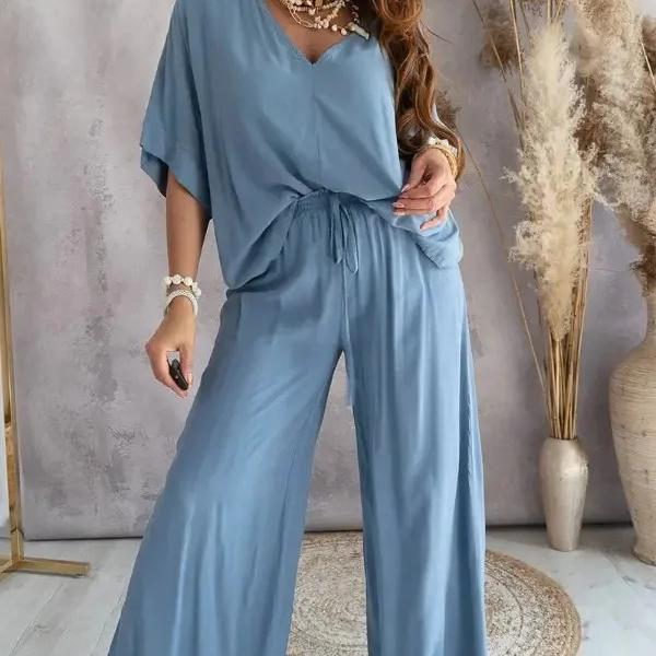 Women's Summer Trousers Suit V-neck Bat Sleeve Casual Top Lace-up Trousers Loose Solid Color Suit Two-piece Set