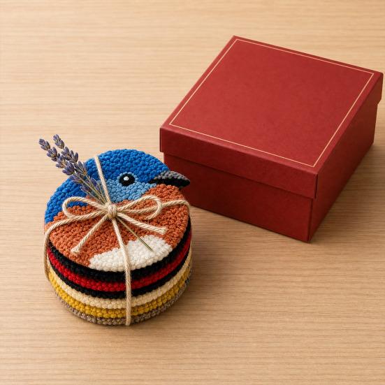 DIY Vogeluntersetzer-Set, Punch Needle Bastelset mit 3 vorgedruckten Mustern, Garn, Stickrahmen, Werkzeugen, Untersetzer Punch Needle Stickerei-Set für Anfänger Bastler