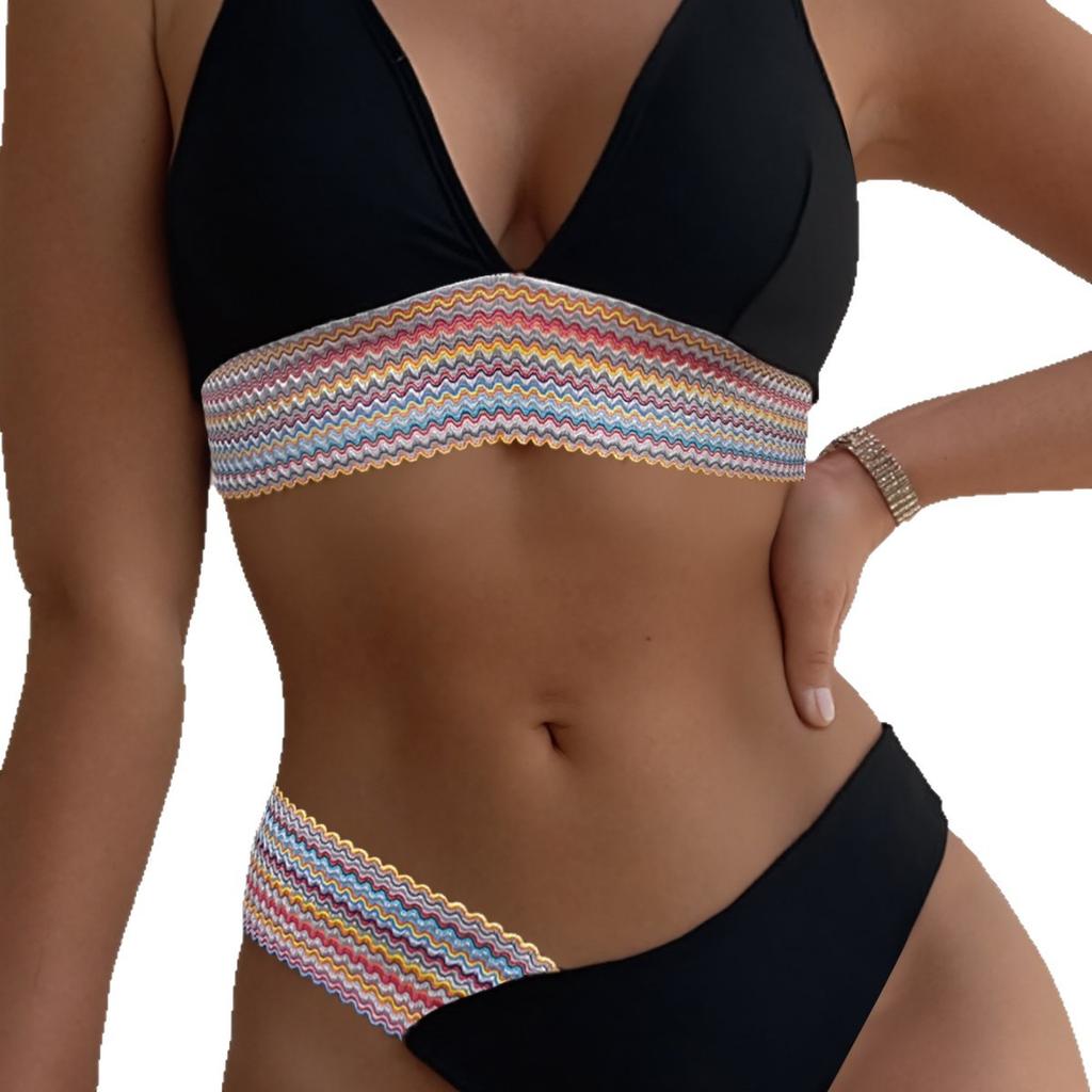Wave Webbing Patch Low Waist Sexy Two Piece Bikini Set Elegant