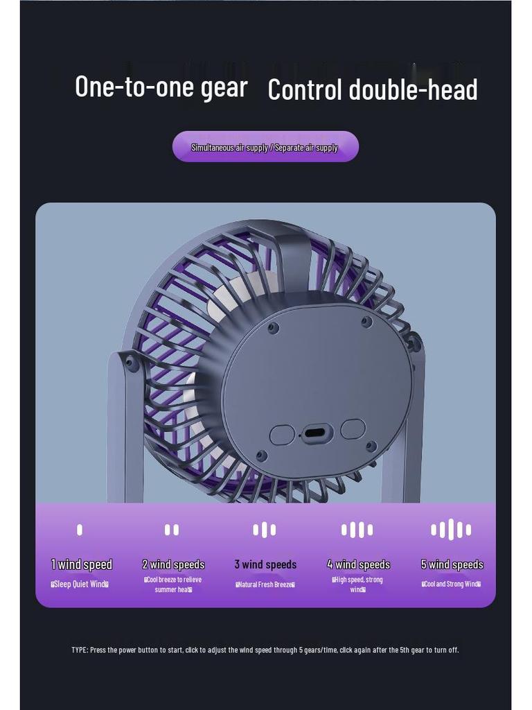 Dual-Head USB Rechargeable Fan: Powerful Wind, Long Battery Life, Circulating Desktop Electric Fan