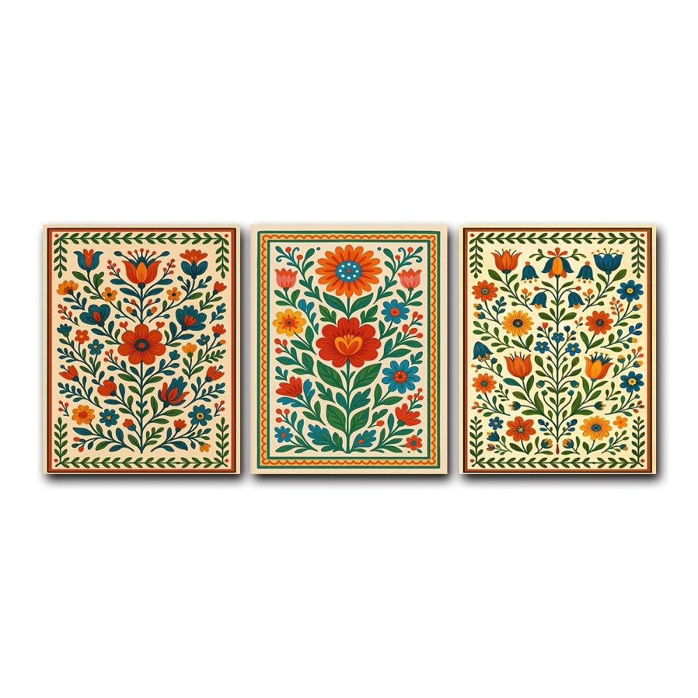 3pcs Frameless, Scandinavian Flower Wall Art, Nordic Folk Art Flower Posters, Colorful Plant Prints, Ethnic Bohemian Decoration