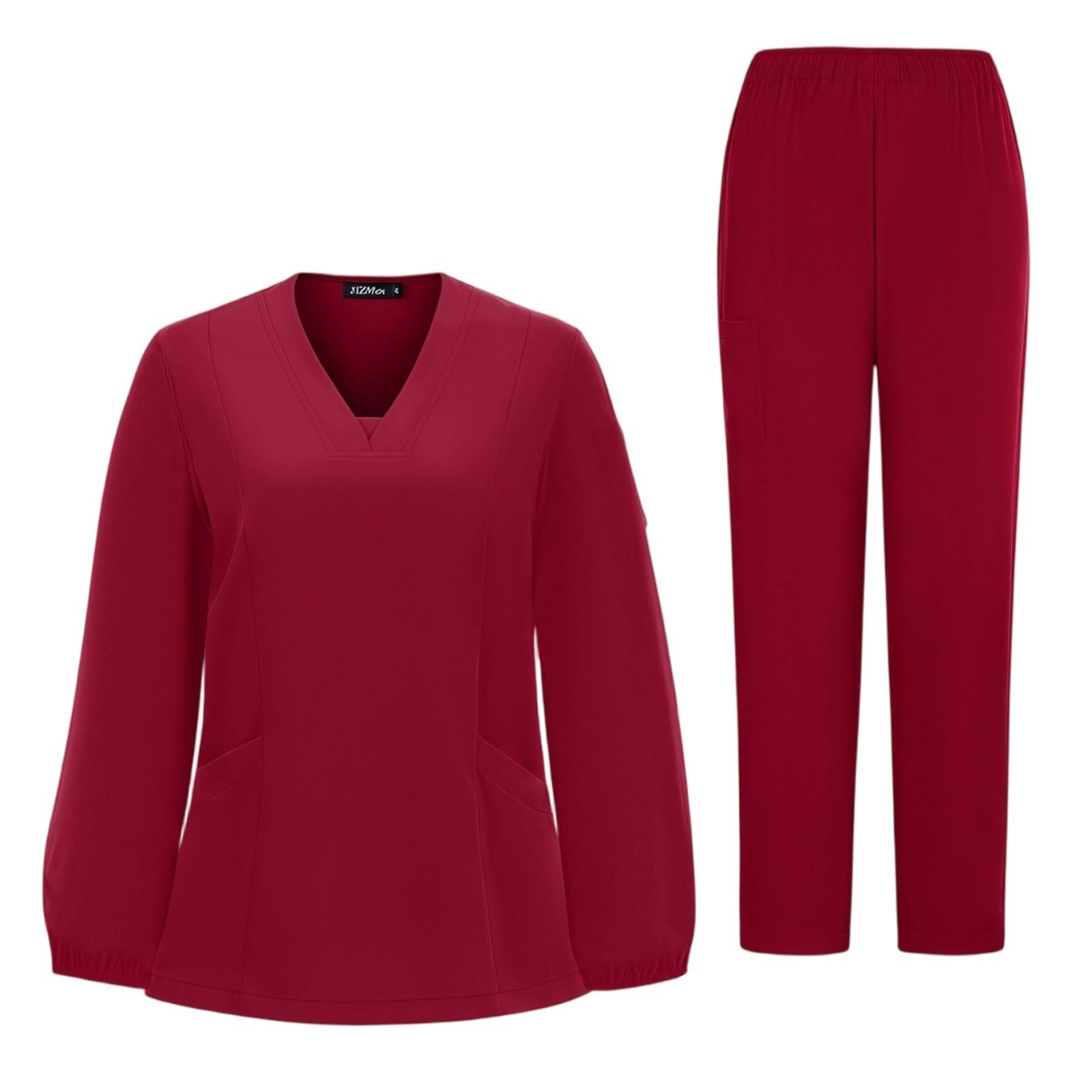 

Женский комплект из быстросохнущей ткани, однотонный, с V-образным вырезом, карманом, длинным рукавом и брюками, рабочая одежда XL винный