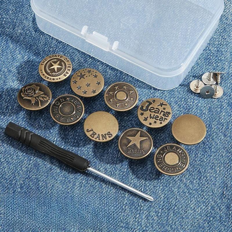 10-30 Stück Abnehmbare Jeansschraubknöpfe mit Schraubendreher Kleidung Ersatz Kein Nähen Metallstifte Verstellbares Taillen-Kit Werkzeuge