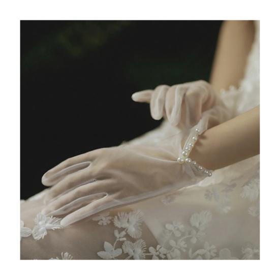 Satin Bride Gloves Short Tulle Wedding Gloves Sheer Wrist Gloves with Bow Faux Pearls for Prom Evening Opera Tea Party