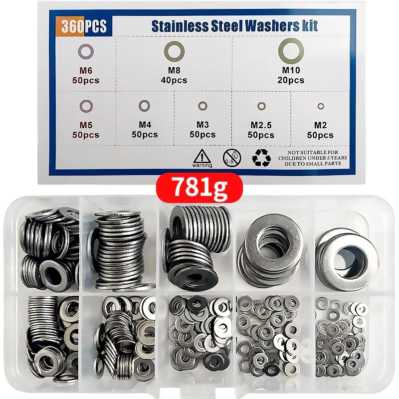 

360 шт./Коробка M2 M2.5 M3 M4 M5 M6 M8 M10 304 Набор шайб из нержавеющей стали, регулировочная прокладка, простая прокладка, набор, коробка 5 BOXES