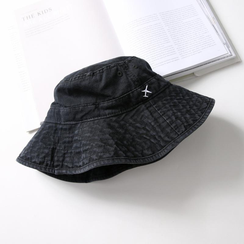 Cotton white bucket hat women spring summer autumn sun protection hat art student embroidery aircraft solid color versatile basin hat