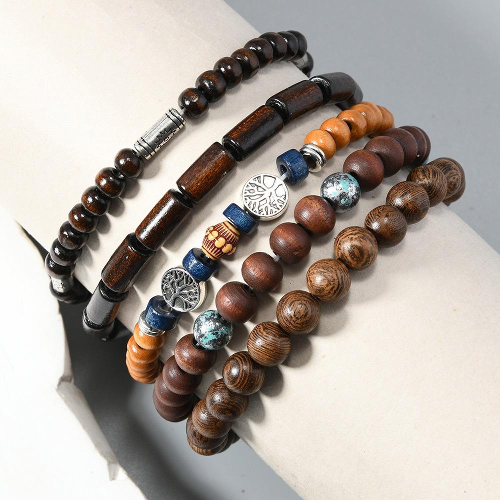 Bohemian Style Handmade Beaded Tree of Peace Bracelet Set - 5-Piece Elastic Cord Men's Wooden Beads
