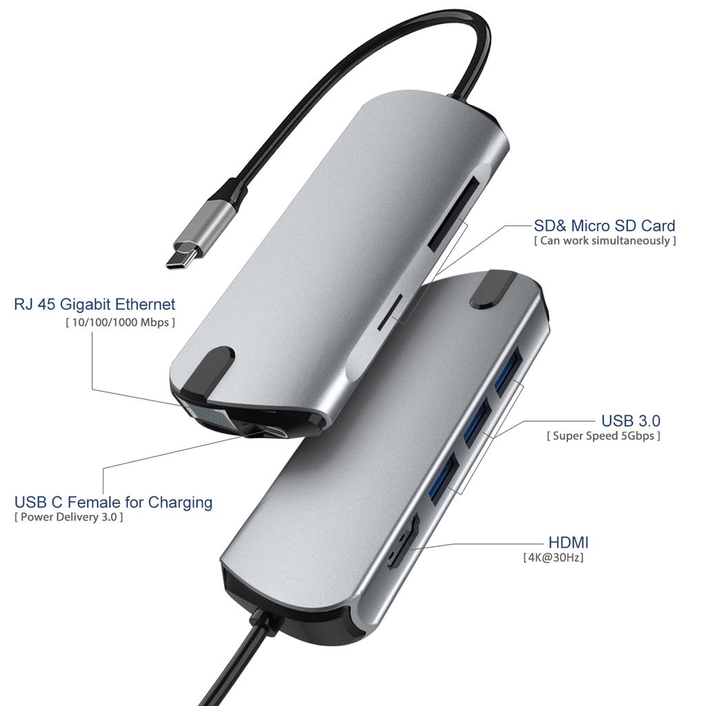 FX-1916 Type-C HUB 8 In 1 USB-C Adapter with 4K@30Hz HDMI/100W PD USB C Port/USB 3.0/RJ45 Ethernet/SD/TF Card Reader Docking Station