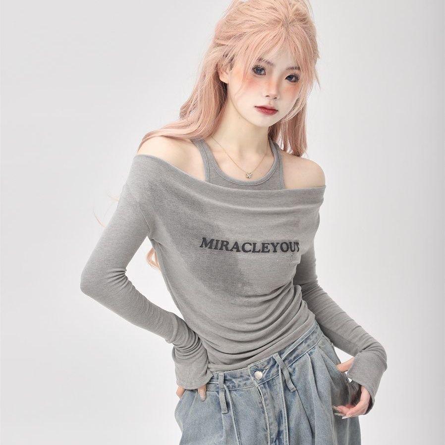 Women s One-Shoulder Halter Off-Shoulder Two-Piece Chic Slimming Top Extra Large серый