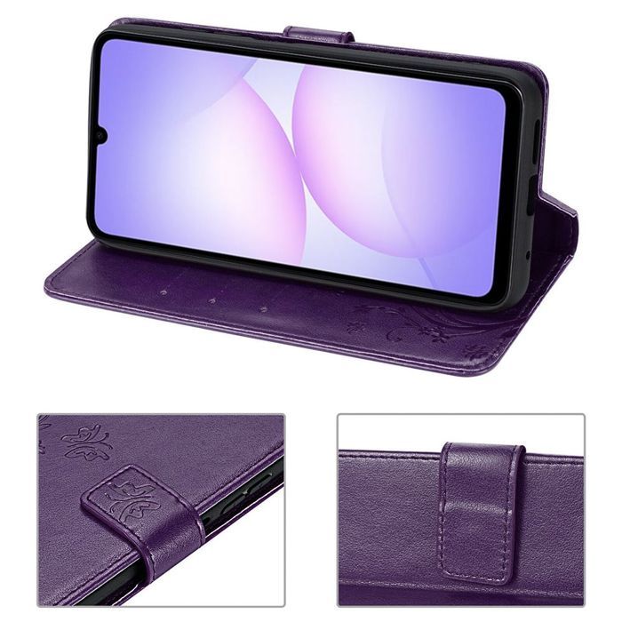 Coque de Protection - BOOLING - Samsung Galaxy A07 - Synthécuir Motif Papillon Violet Foncé - 2 Vitres
