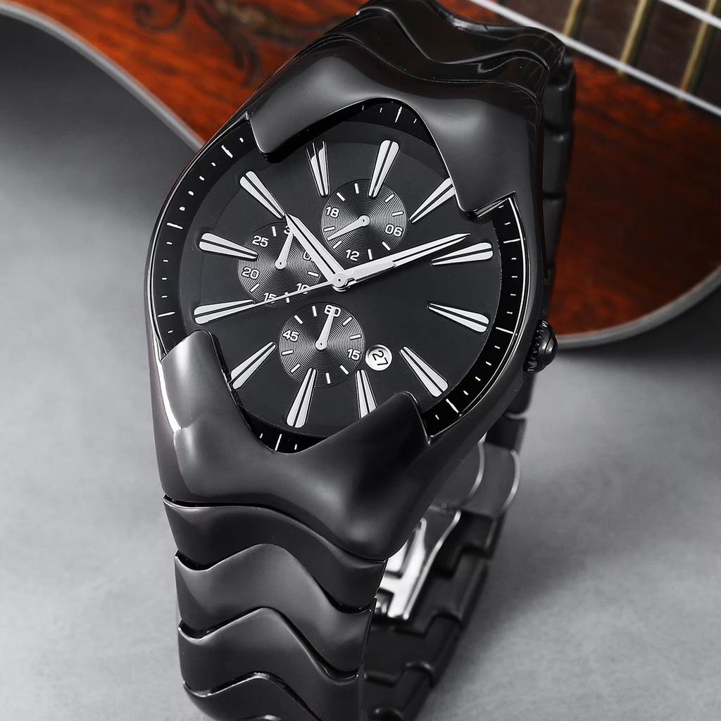 Y2K Quartz Watch Futuristic Case Wavy Stainless Steel Band Chronograph Date Business Waterproof Wristwatch