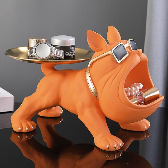 French Bulldog Figurine Key Storage Tray Big Mouth Sunglasses Dog Resin Statue Jewelry Trinket Keys Container Box Animal Desktop Decoration Ornament