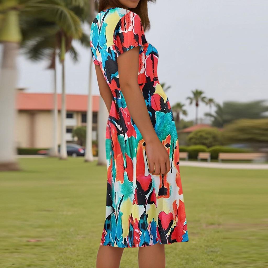 Ladies Summer Fashion Casual Floral Print V-Neck Short Sleeve Pocket Dress