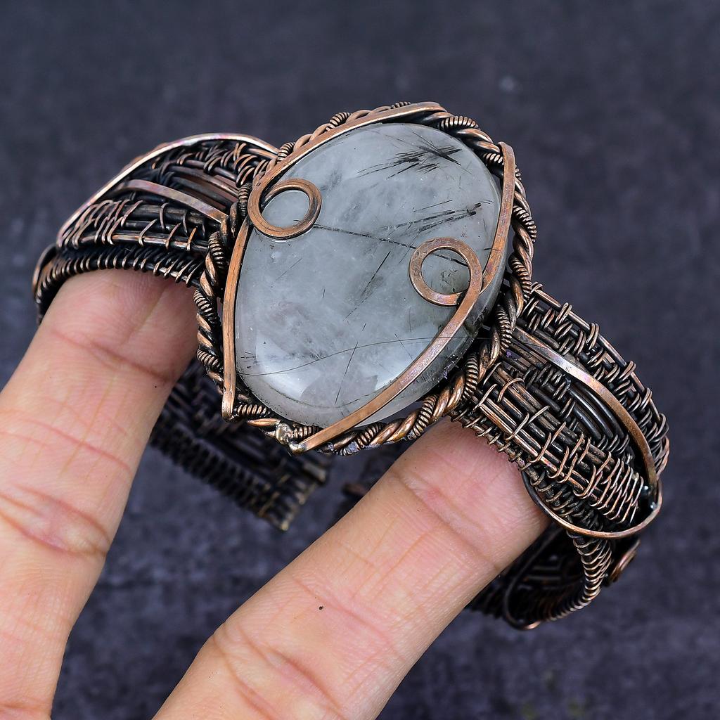 Black Rutile Gemstone Copper Wire Wrap Cuff Bangle Adjustable