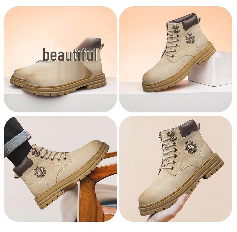 Men's Large Size Winter Genuine Leather Martin Boots, Thick Sole, High-Top, Outdoor, Plus Velvet, Yellow Work Boots.