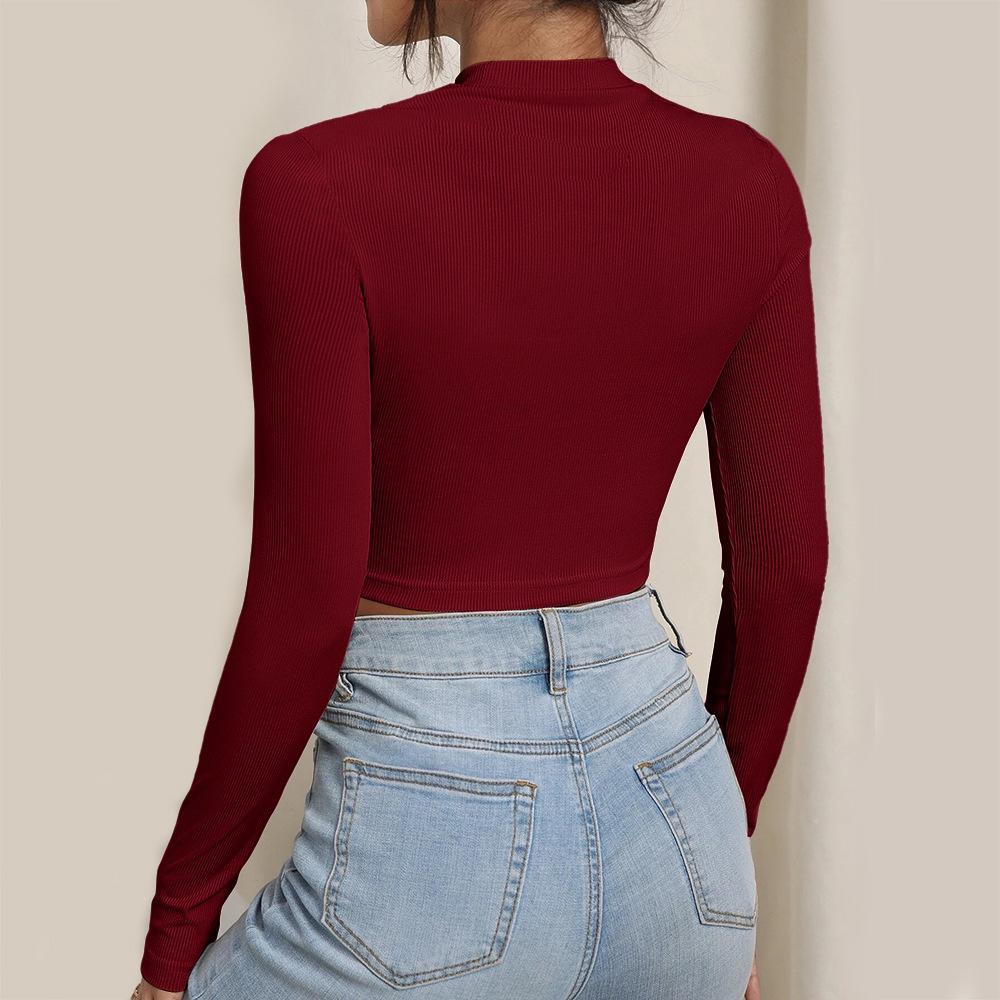 Spring and Summer European and American Sexy Slim-fitting Hollow Chest Cup Short High-neck Long-sleeved Women's T-shirt Top Women