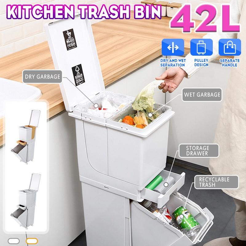 2 Lagen 42 Liter Nass Trocken Sortierter Küchenmülleimer Beweglicher Recycling Abfallbehälter Aufbewahrung Mülleimer Abfalleimer Müll Müllbehälter PP
