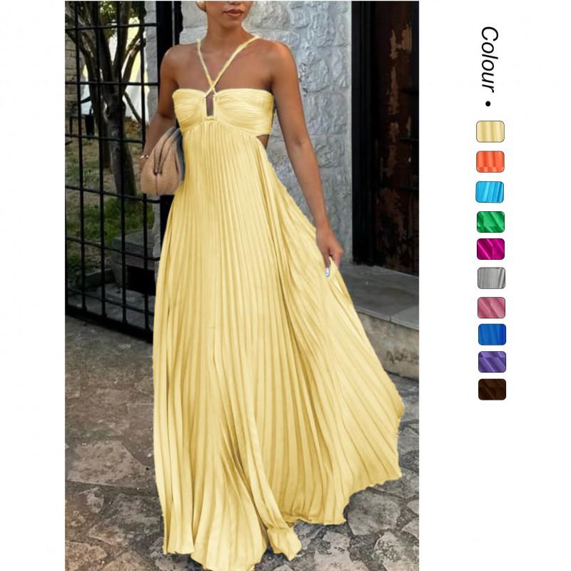 2025 Solid Color Ruched Strapless Sleeveless Maxi Dress Women Elegant Office Wear Loose Fit High Waist