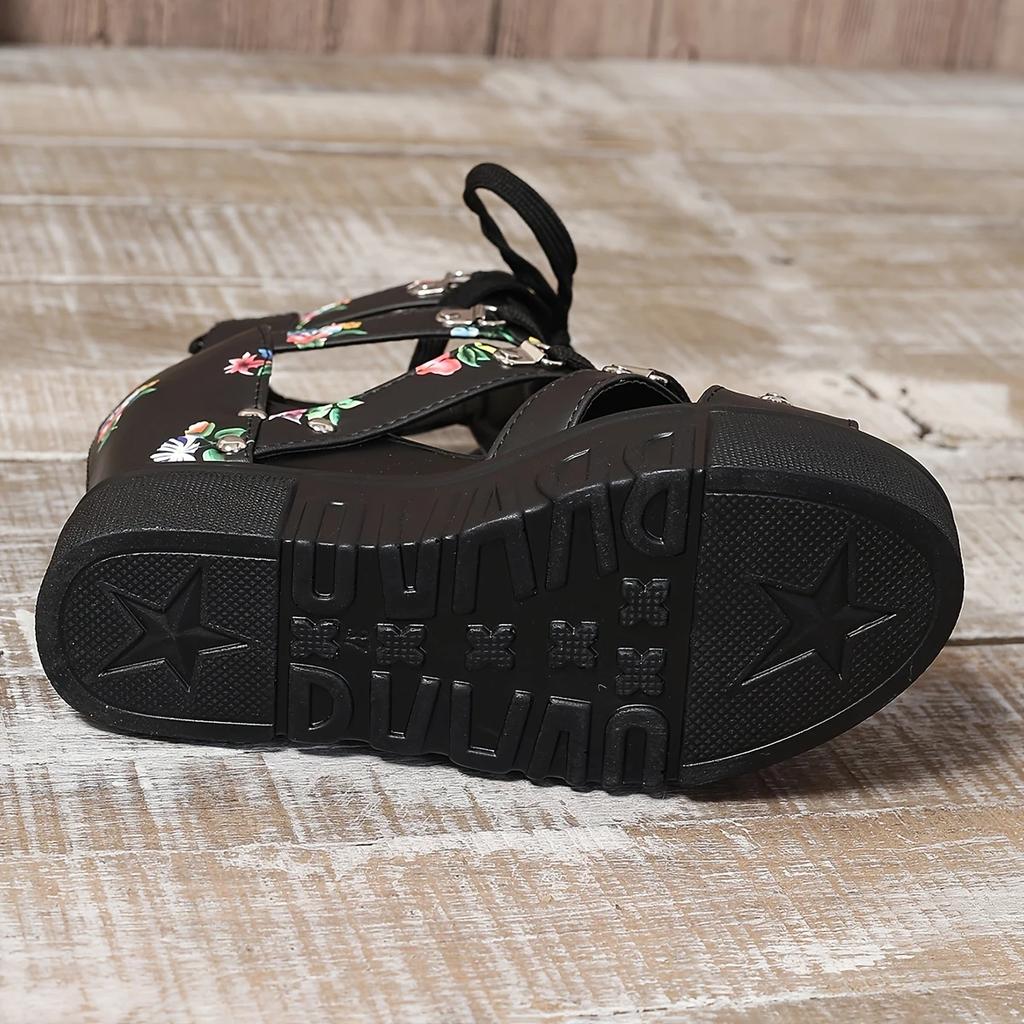 Women's Floral Vintage Sandals, Back Zipper Platform Hollow Lace Up Shoes, Summer Breathable Wedge Holiday Shoes