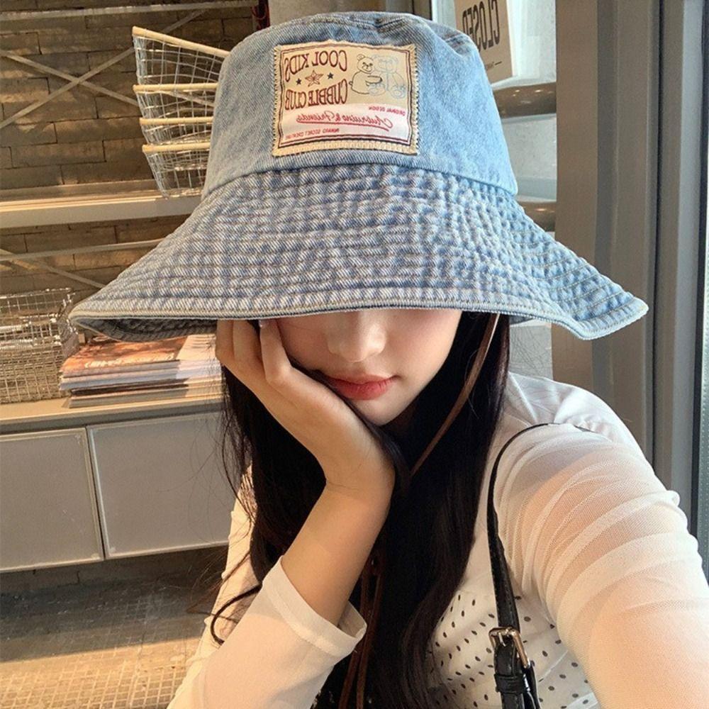 Sunscreen Denim Bucket Hat Wide Wings Sunscreen Hat Fashion Jeans Fisherman Hat  Girls