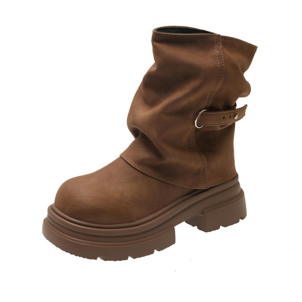 Retro thick-soled Maillard trouser boots women's 2025 new autumn versatile height-increasing and thin thick-heeled short fashion boots