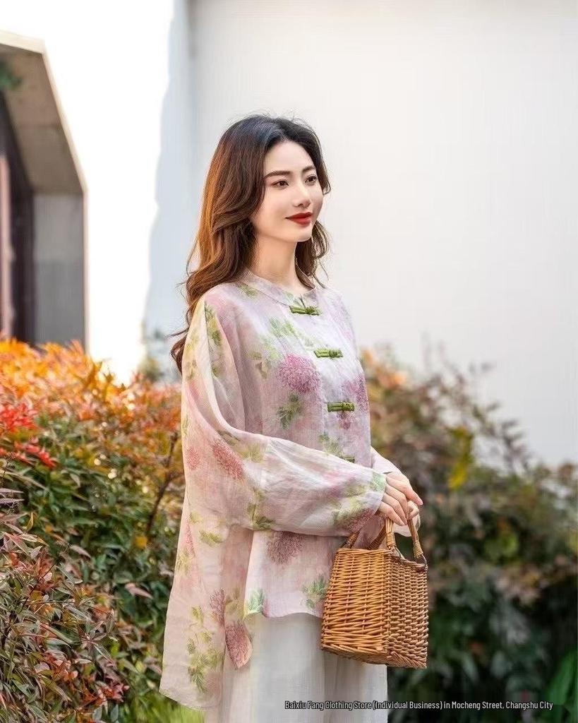 2026 Spring/Summer Women's Chinese-Style Elegant Print Stand-Up Collar Long-Sleeve Ramie Shirt