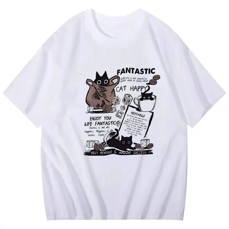 Camiseta Retro americana a la moda para mujer camisetas de veranocamisetas divertidas de gato y café ropa gráfica ropa de