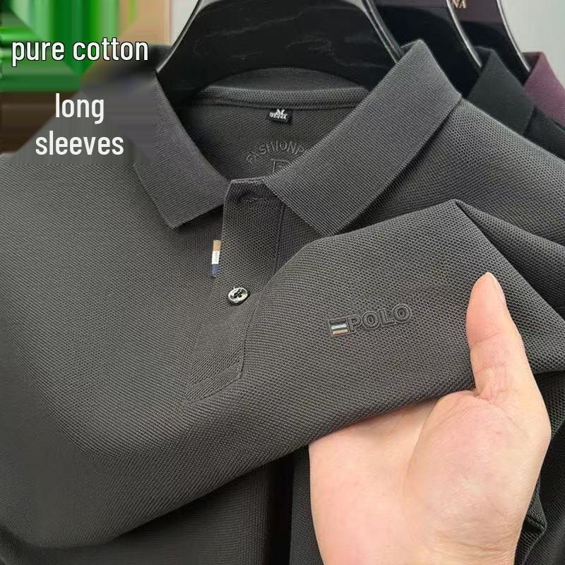 Polo homme Douyin automne en coton - Col rabattu, manches longues, couleur unie, coupe décontractée