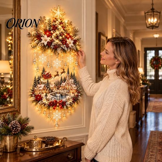 Festive Living Room Decor Bethlehem Star Lighted Christmas Wall Decor, LED Nativity Scene Hanging Indoor Holiday Sign Ornament with House Reindeer