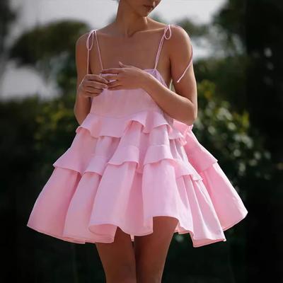 Fashion Women's  Solid Color Sexy Tube Top Sling Waist Hem Slit Dress