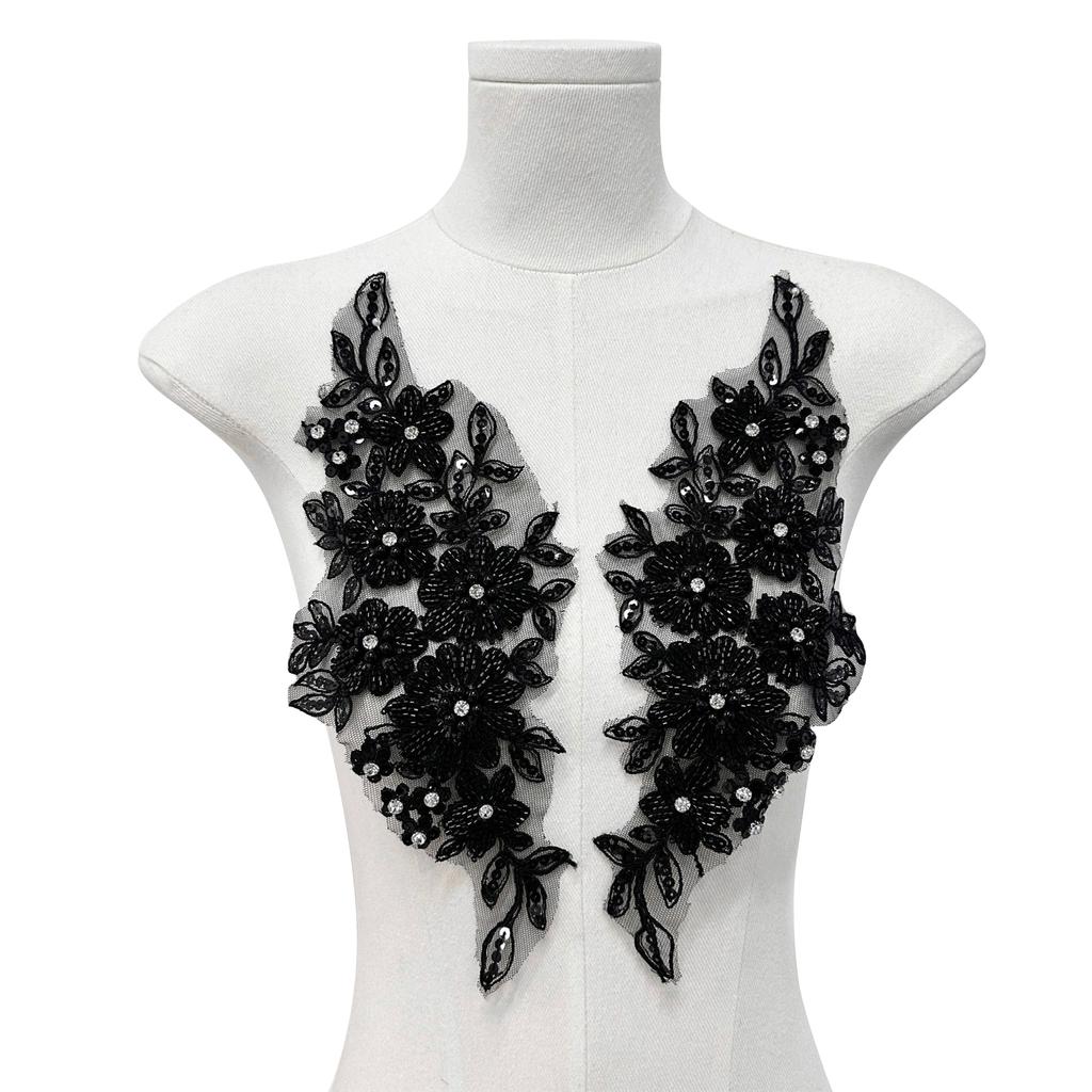 Flower Embroidered Lace Applique Beads Rhinestones Applique Sew On Patches Applique for Wedding Gown Evening Dress