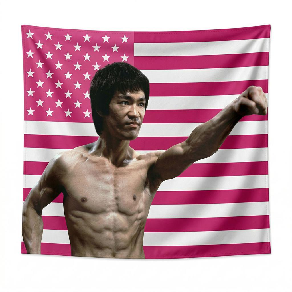 Iconic Action Hero Pink Tapestry Flat Print Stars and Stripes Wall Hanging for Teen Dorm Party Room Decor