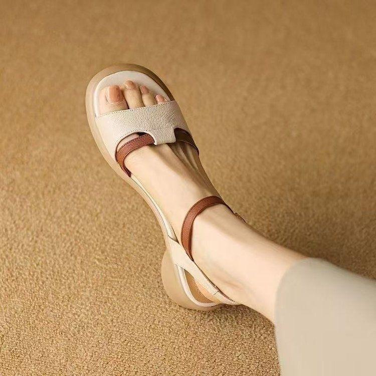 

Maillard versatile color matching soft leather open-toed sandals women s summer soft leather comfortable medium heel thick heel fashion high heels 35